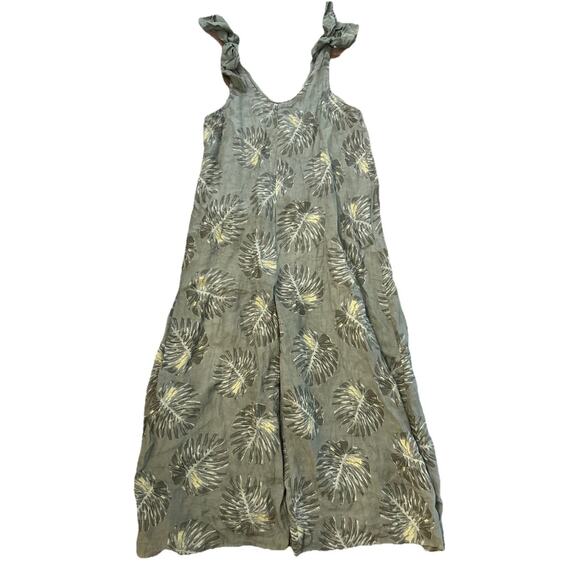Women’s Small 100% Linen Olive Print Wide Jumpsuit Shoulder Bows Boho Lagenlook - Picture 2 of 16